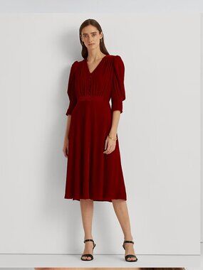NWT Ralph Lauren Velvet Puff-Sleeve Midi Dress Red Size 2 - holiday party dress